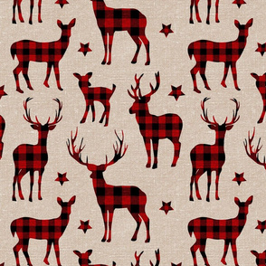 Buffalo Plaid Reindeer on camel linen  - medium scale 