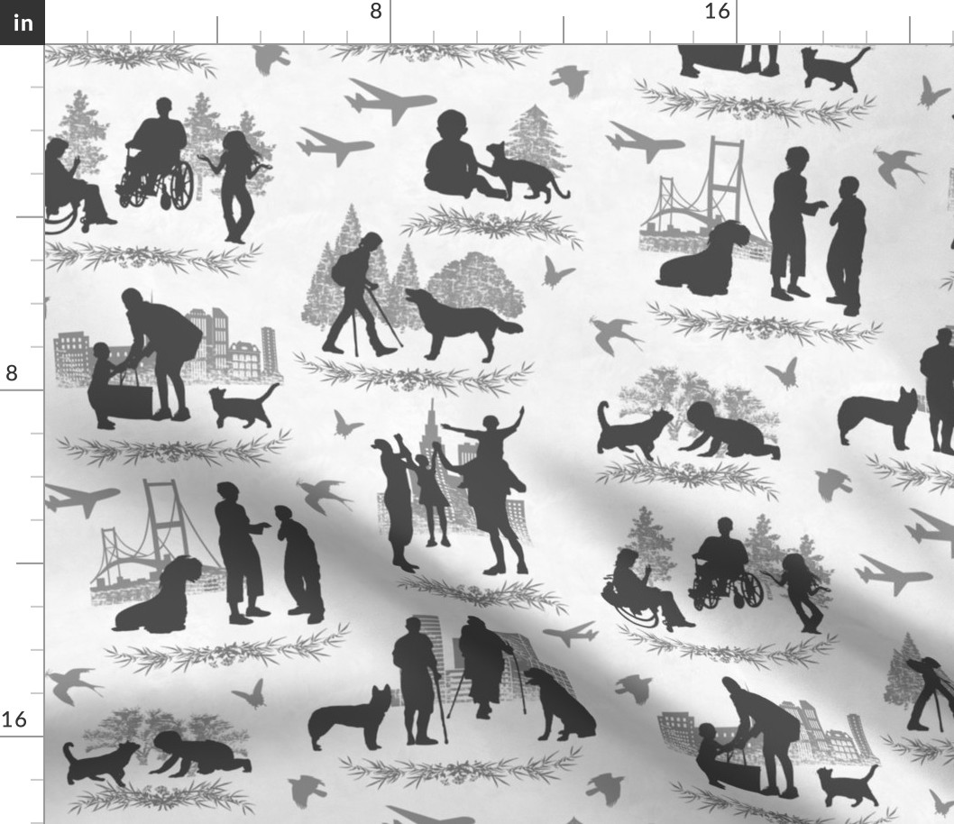 People 'n Pets Charcoal Toile with a Fabric | Spoonflower