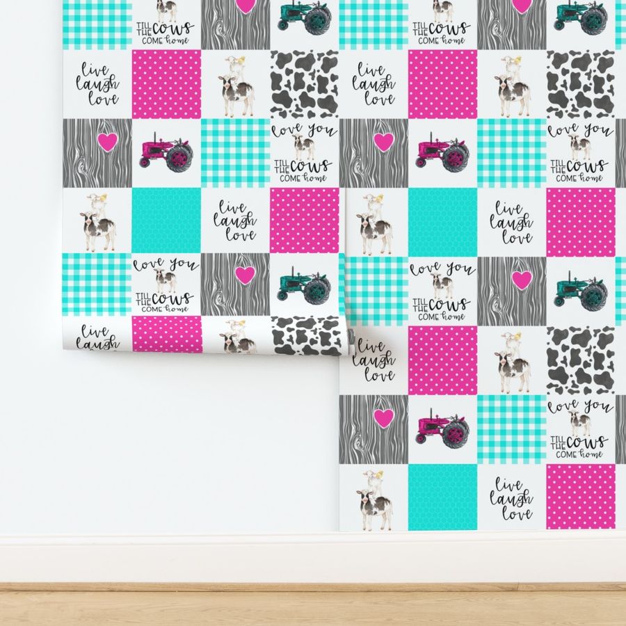 Farm//Love you till the cows come home//Live, Laugh, Love//Hot Pink & Turquoise - Wholecloth Cheater Quilt