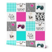 Farm//Love you till the cows come home//Live, Laugh, Love//Hot Pink & Turquoise - Wholecloth Cheater Quilt