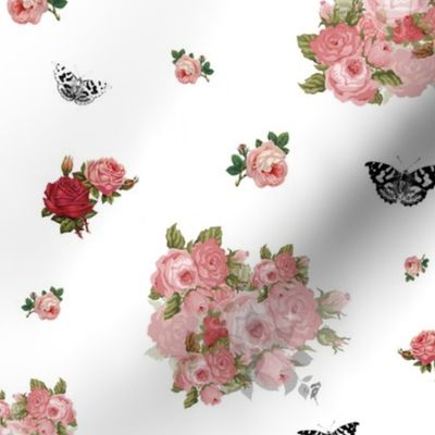 Antique Roses & Butterflies - white, medium 