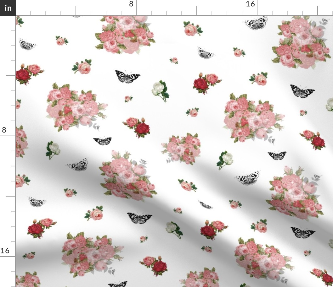 Antique Roses & Butterflies - white, medium 