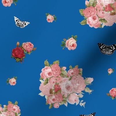 Antique Roses & Butterflies - ocean blue, medium 