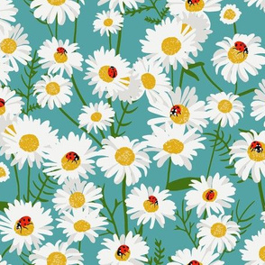 Chamomile Floral with Ladybugs - Light Blue