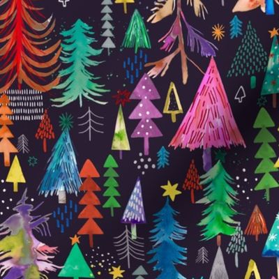 Colorful christmas Trees Christmas Fabric Black Purple Medium