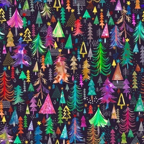 Colorful christmas Trees Christmas Fabric Black Purple Medium