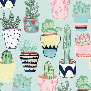 Cute Cacti In Pots on Mint Green - Large