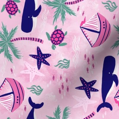 Tropical Whales and Sailboats Pink