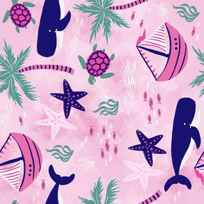 Tropical Whales and Sailboats Pink