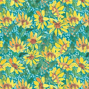 small scale - expressive sunflowers - teal