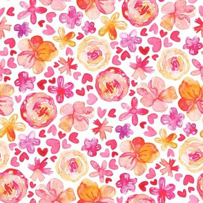 Romantic Ditsy Watercolor Floral - pretty corals, pink, red and bright orange on white
