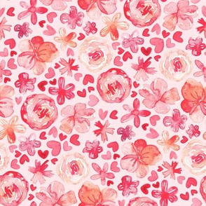 Romantic Ditsy Watercolor Floral - pale blush pink, coral and red on pastel pink
