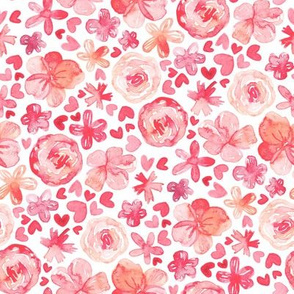 Romantic Ditsy Watercolor Floral - pale blush pink, coral and red on white
