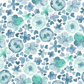 Pretty Ditsy Watercolor Floral - teal blue and mint green on white