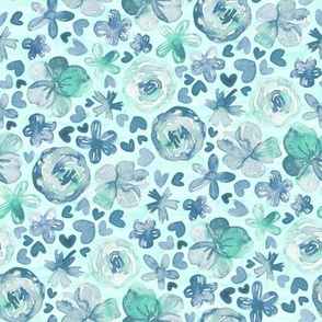 Mermaid's Garden Ditsy Watercolor Floral - teal blue and mint green with paint textured background