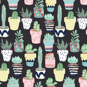 Cute Cacti In Pots on Dark Grey - Small