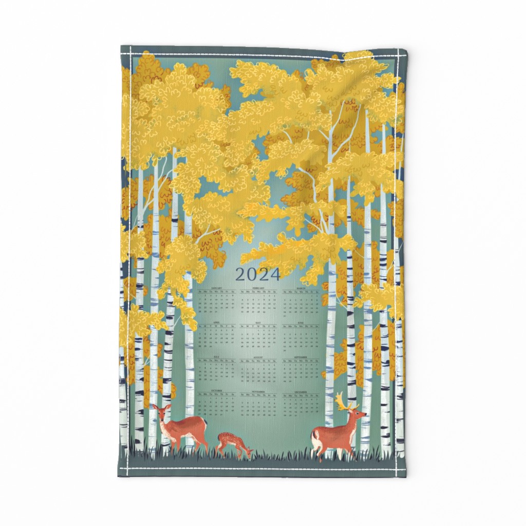 Deer in Silver Birch Tea Towel Calendar 2024