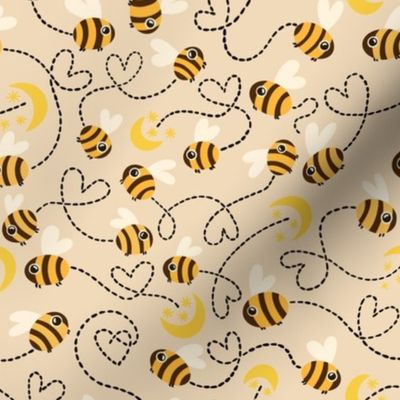 Natural quite pastel Honey Bees, flying kids baby animals, love moon and stars