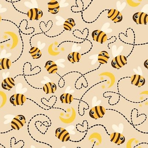 Natural quite pastel Honey Bees, flying kids baby animals, love moon and stars