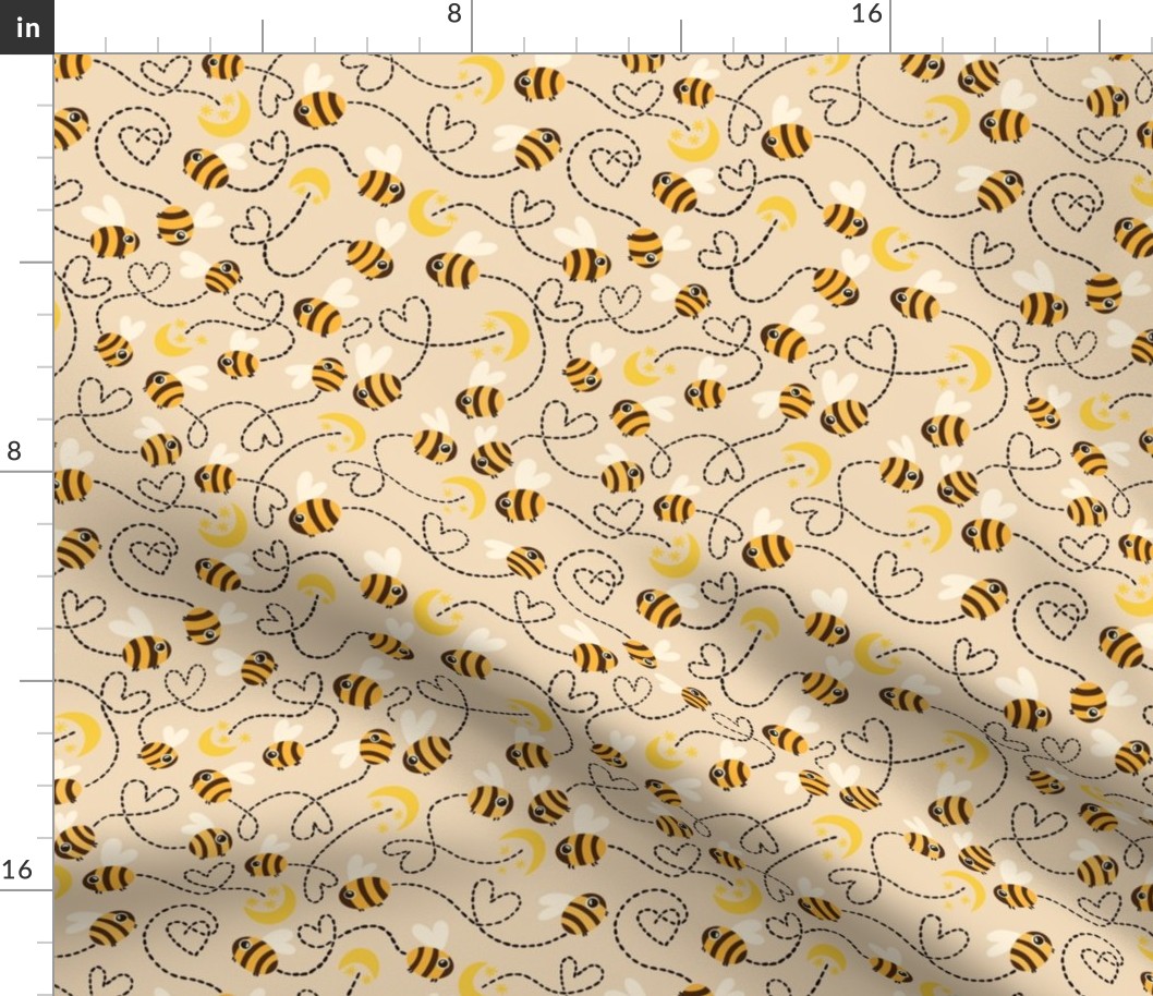 Natural quite pastel Honey Bees, flying kids baby animals, love moon and stars