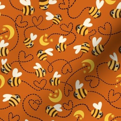 Orange Autumn Honey Bees, flying kids baby animals, love moon and stars