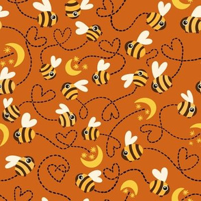 Orange Autumn Honey Bees, flying kids baby animals, love moon and stars