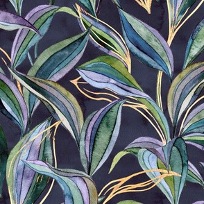 Indigo Tropical Watercolor Leaves + Lines in Greens + Gold - large