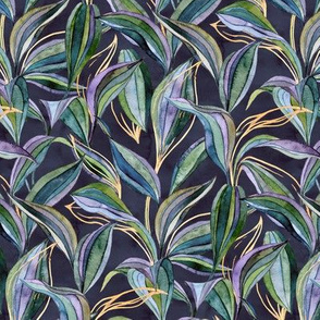 Indigo Tropical Watercolor Leaves + Lines in Greens + Gold - small