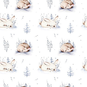 Watercolor winter holiday forest animals:  baby deer, fawn,  and rabbits. Cute bunny nursery woodland Christmas mood.