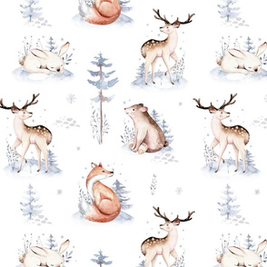 Watercolor winter holiday forest animals:  baby deer, fawn, owl, rabbits, bear, fox. Nursery woodland Christmas mood 4