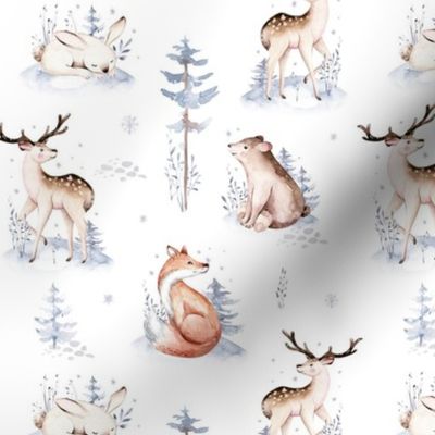 Watercolor winter holiday forest animals:  baby deer, fawn, owl, rabbits, bear, fox. Nursery woodland Christmas mood 5