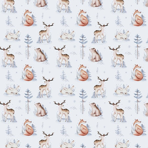Watercolor winter holiday forest animals:  baby deer, fawn, owl, rabbits, bear, fox. Nursery woodland Christmas mood 6