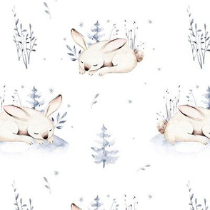 Watercolor winter holiday forest animals:  baby rabbit. Nursery bunny woodland Christmas mood 9