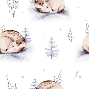 Watercolor winter holiday forest animals:  baby fawn. Nursery deer woodland Christmas mood 11