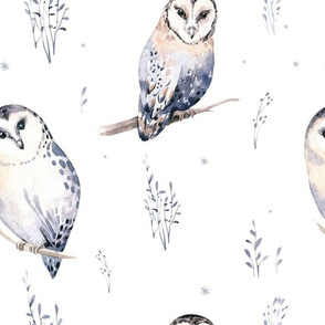 Watercolor Scandinavian forest holiday  owls animals, baby owl. Nursery woodland Christmas mood 1