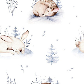 Watercolor winter holiday forest animals:  baby deer, fawn,  and rabbits. Cute bunny nursery woodland Christmas mood.