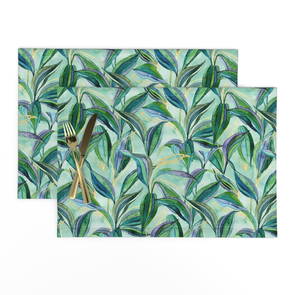 Mint Tropical Watercolor Leaves + Lines in Greens + Gold - large