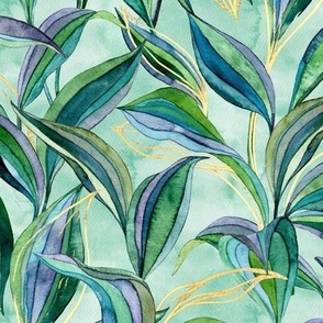 Mint Tropical Watercolor Leaves + Lines in Greens + Gold - large