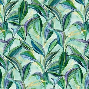 Mint Tropical Watercolor Leaves + Lines in Greens + Gold - small