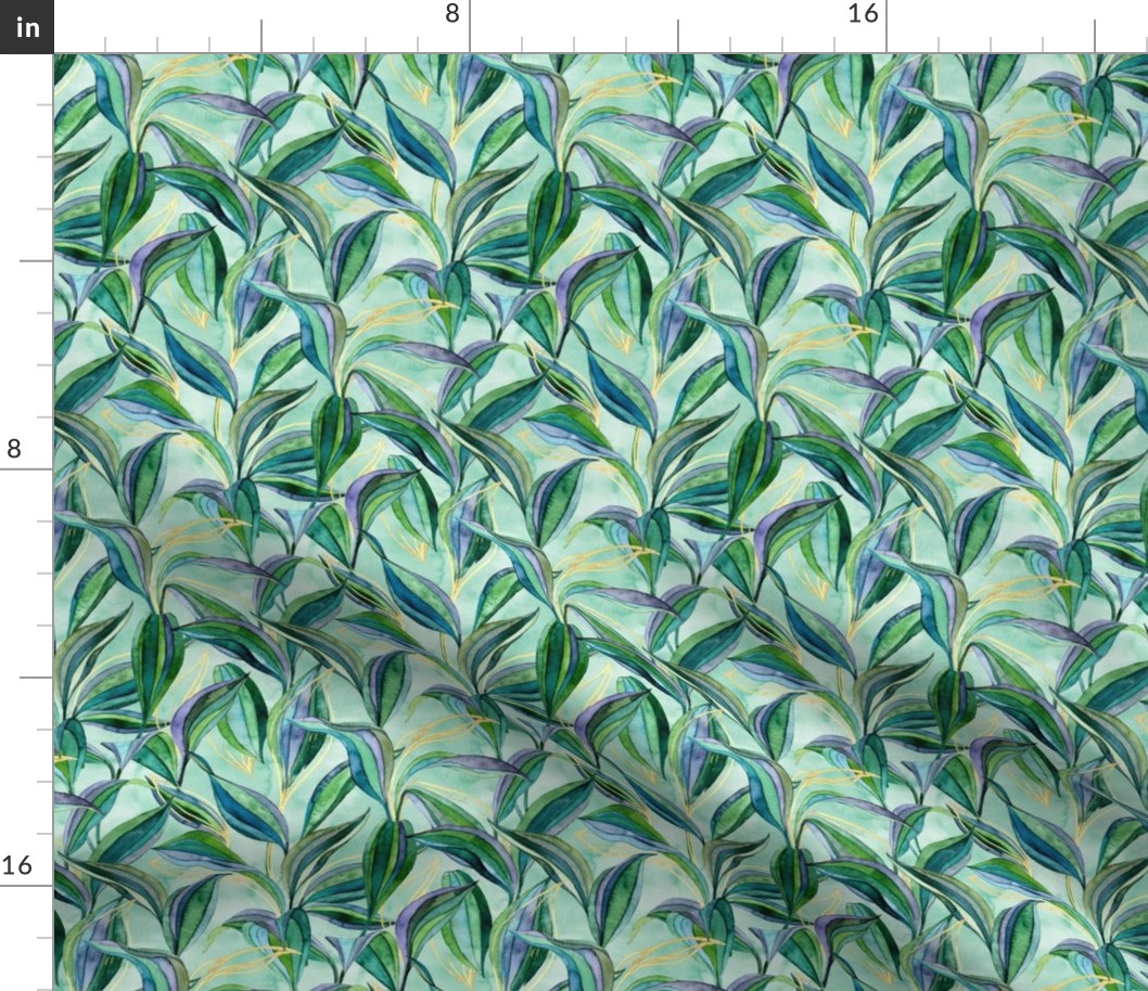 Mint Tropical Watercolor Leaves + Lines in Greens + Gold - small