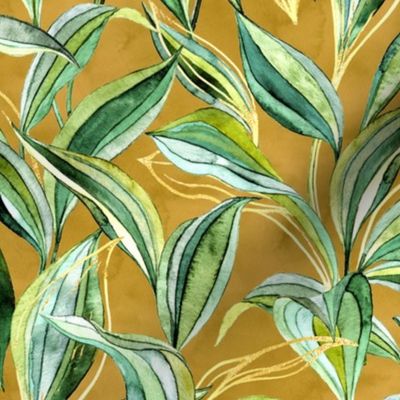 Tropical Watercolor Leaves in Golden Tan and Green - large