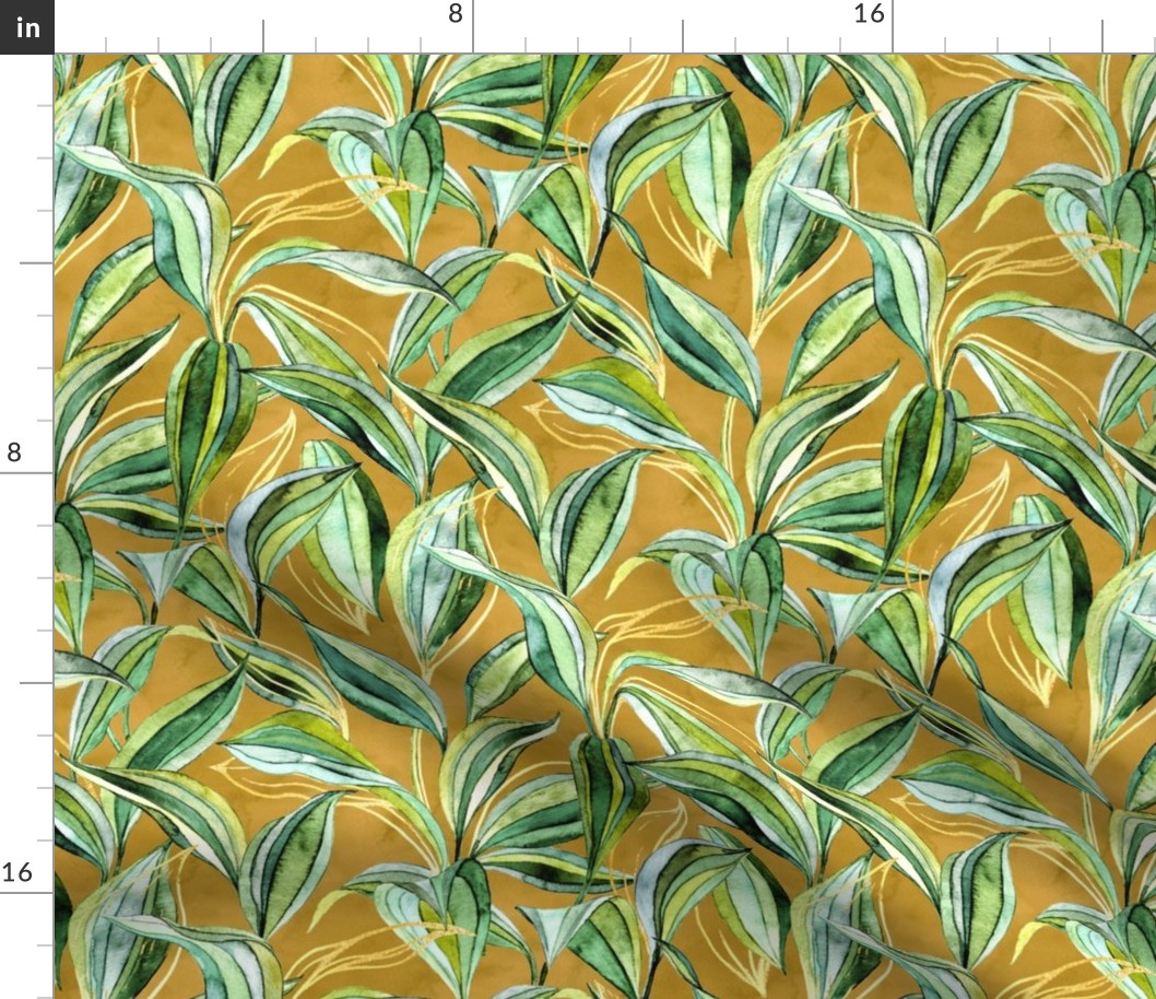 Tropical Watercolor Leaves in Golden Tan and Green - large