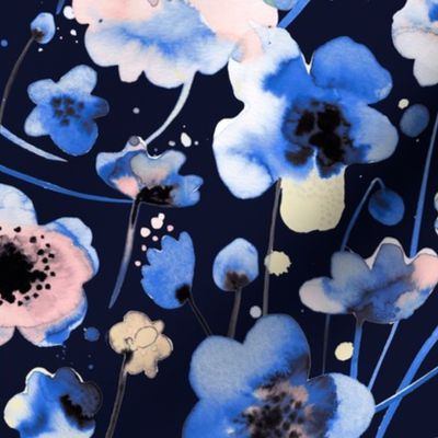 Soft watercolor flowers Navy blue