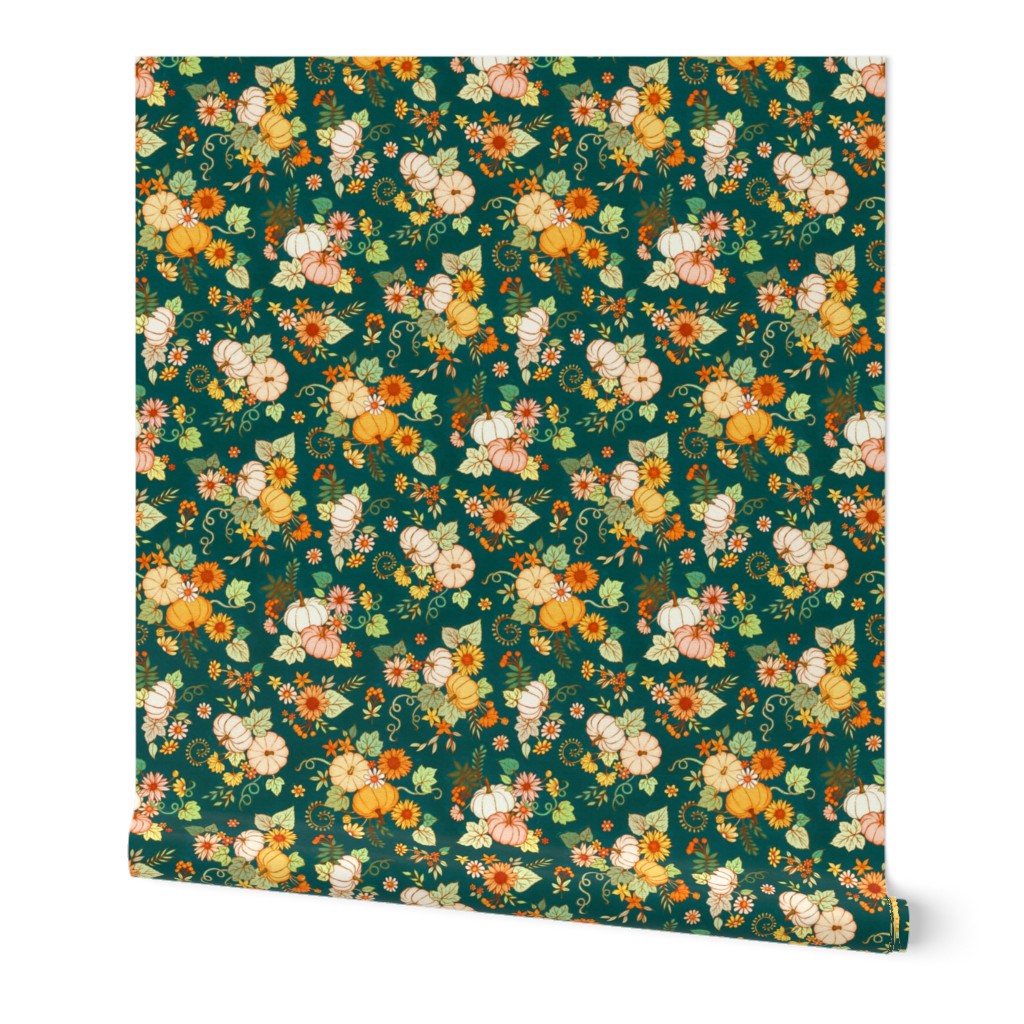 Contemporary Tossed Sunflower and Pumpkin Chintz - bright, tiny