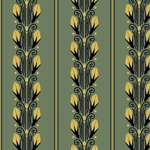 Rosedale Stripe: Green & Gold Rosebuds, Art Nouveau Floral