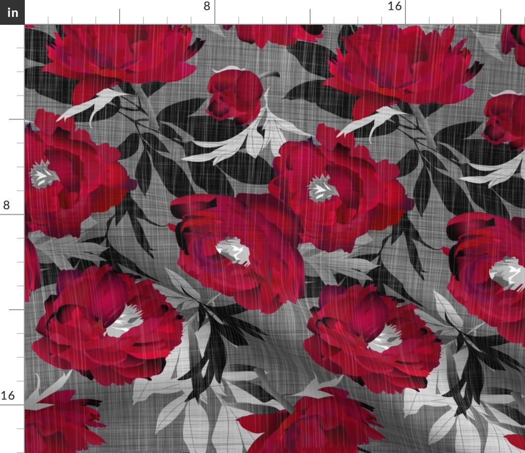 peonies red on linen texture - extra large