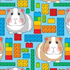 large guinea pigs and toy bricks on blue