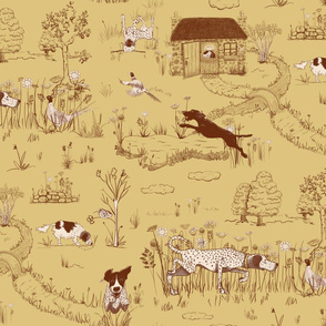 Bird Dog Toile Large Scale on Mustard