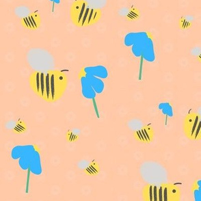 Bumble Bee Buzz on Peach with blue flowers