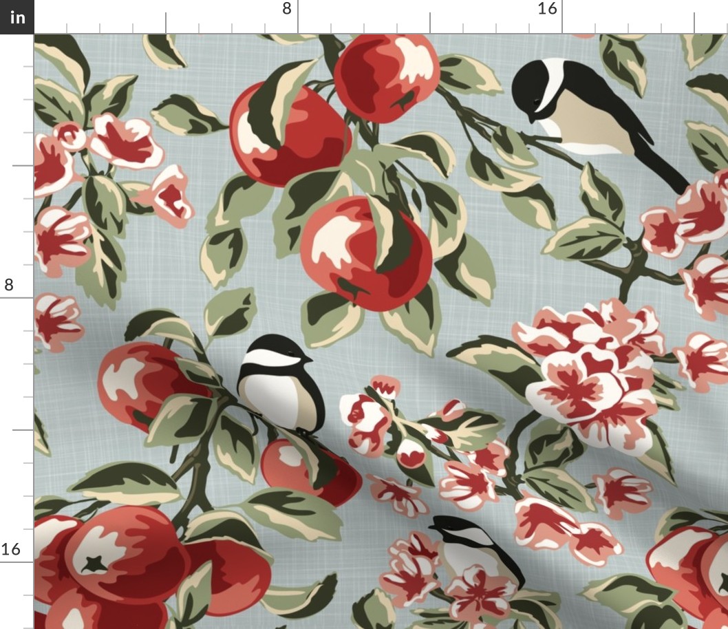 Chickadees & Apples - Blue - Large